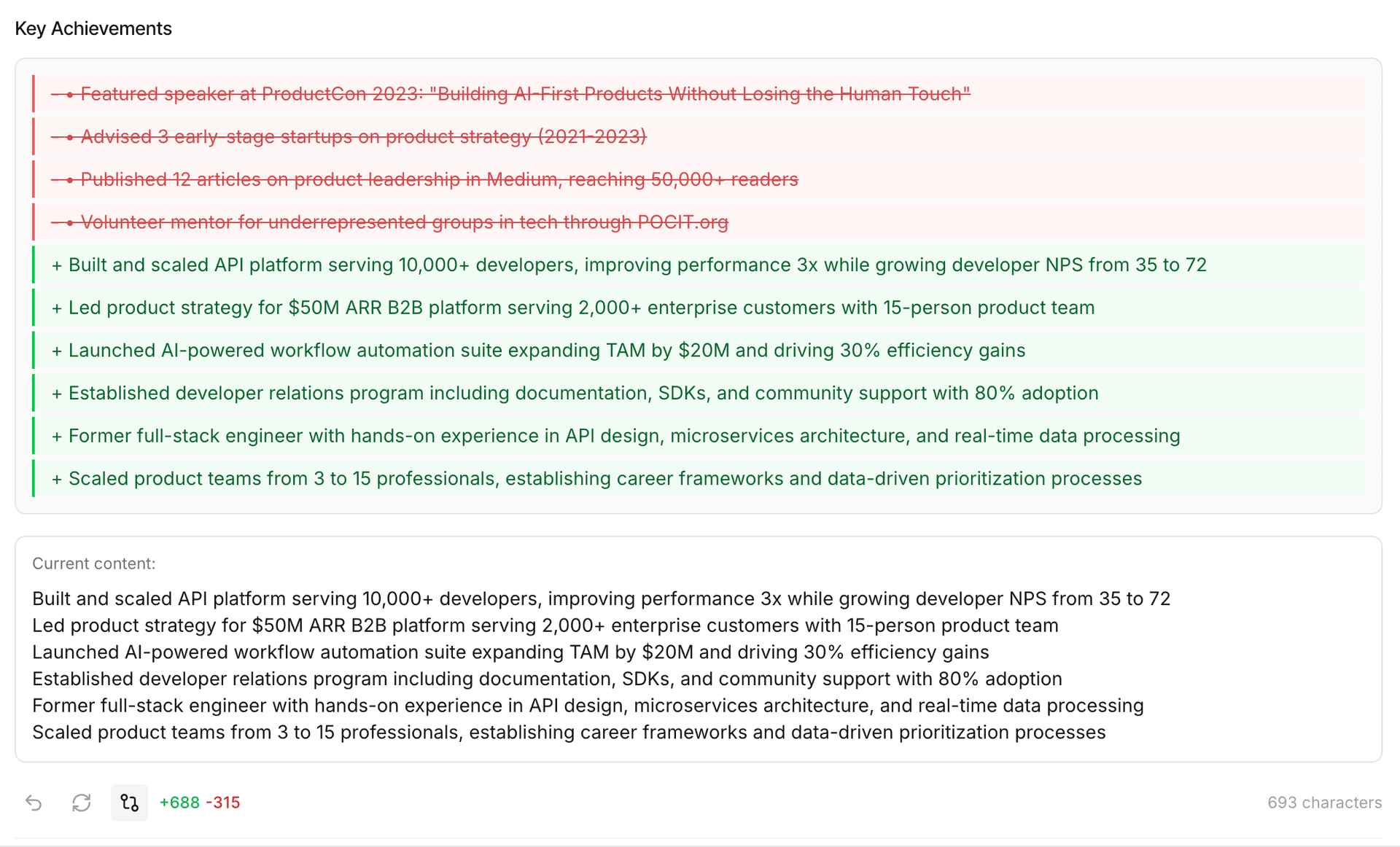 Professional Summary diff showing original text struck through in red and repositioned version in green