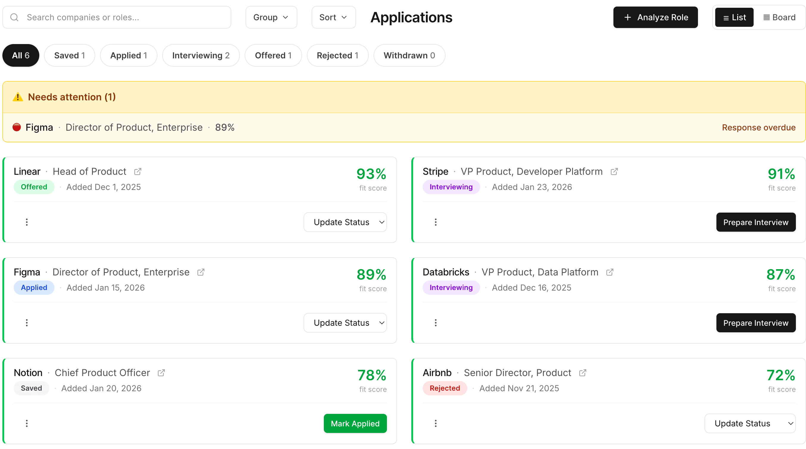 Applications pipeline showing cards for Stripe 91%, Notion 78%, Figma 89%, Databricks 87%, Linear 93% Offered — with status badges and Needs attention alert