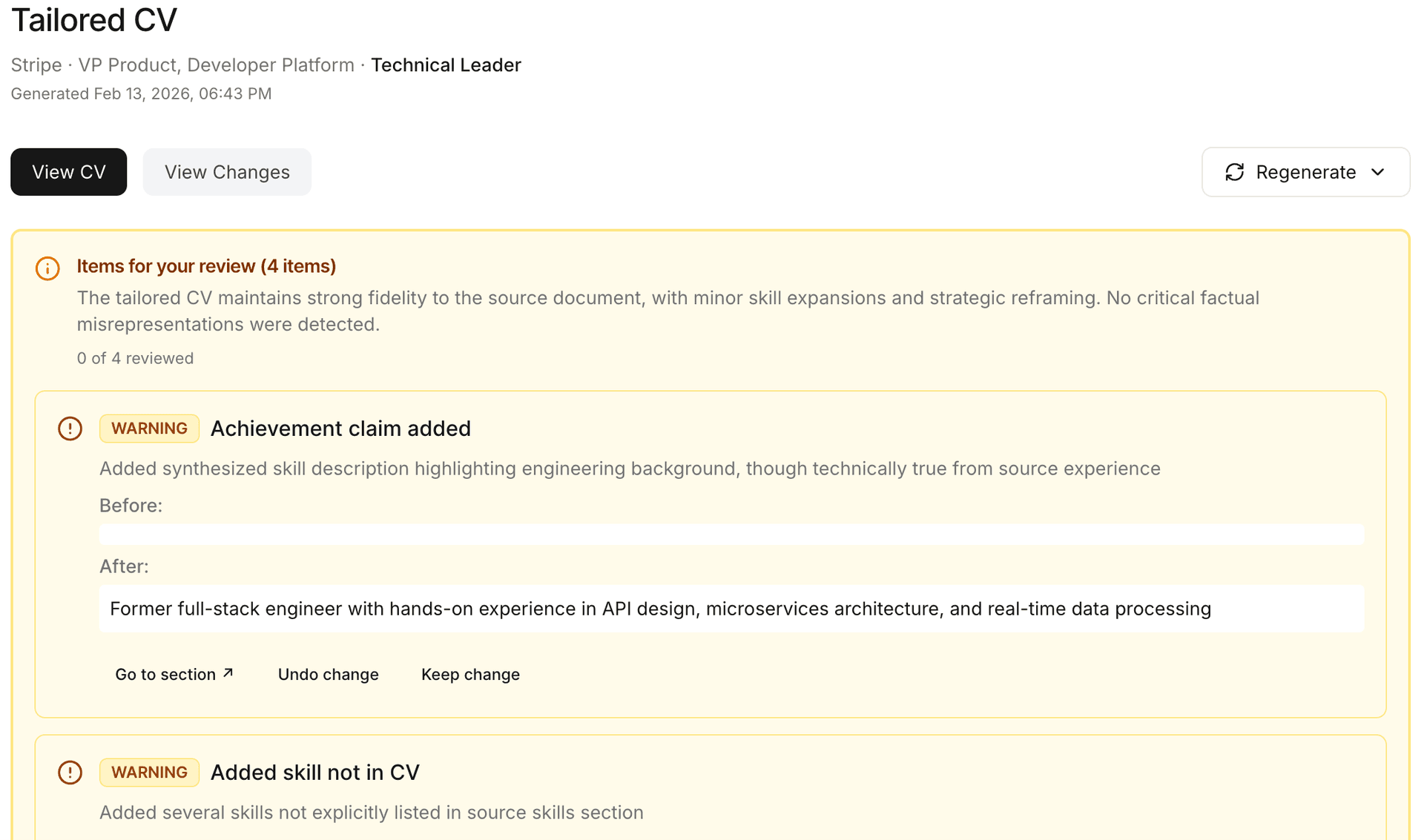 Validation review showing WARNING badges for Achievement claim added with Before/After comparison and Keep change or Undo change buttons